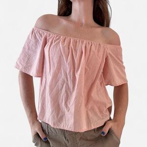 Express baby pink linen off the shoulder top